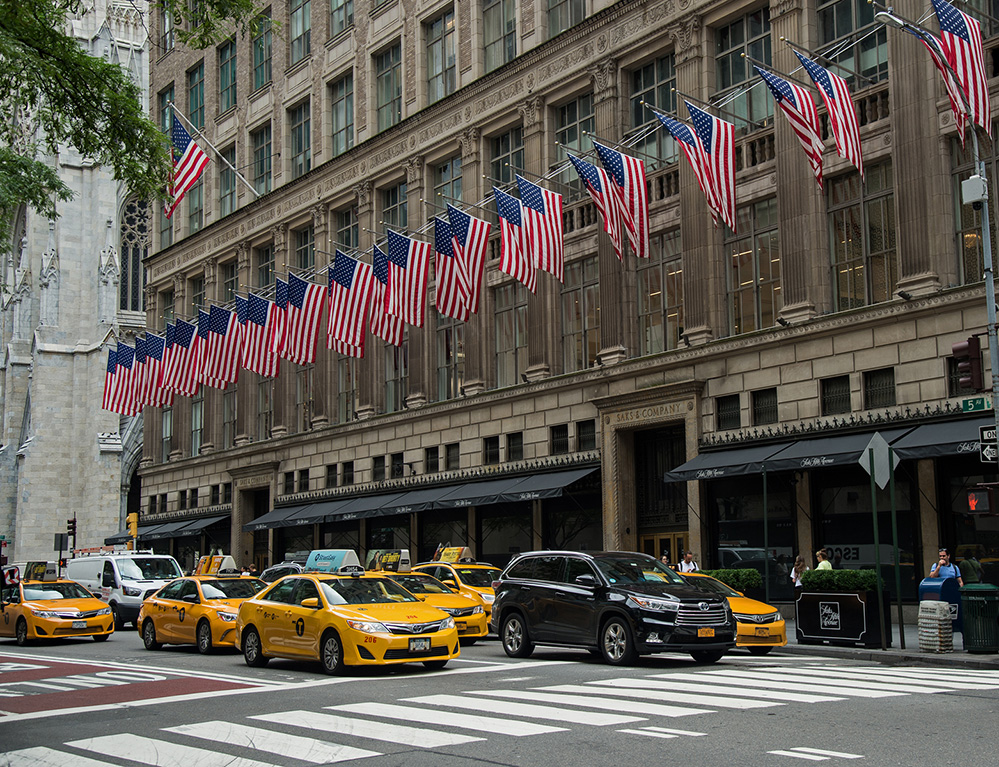 Taxis and Saks 5th Avenue Flags 